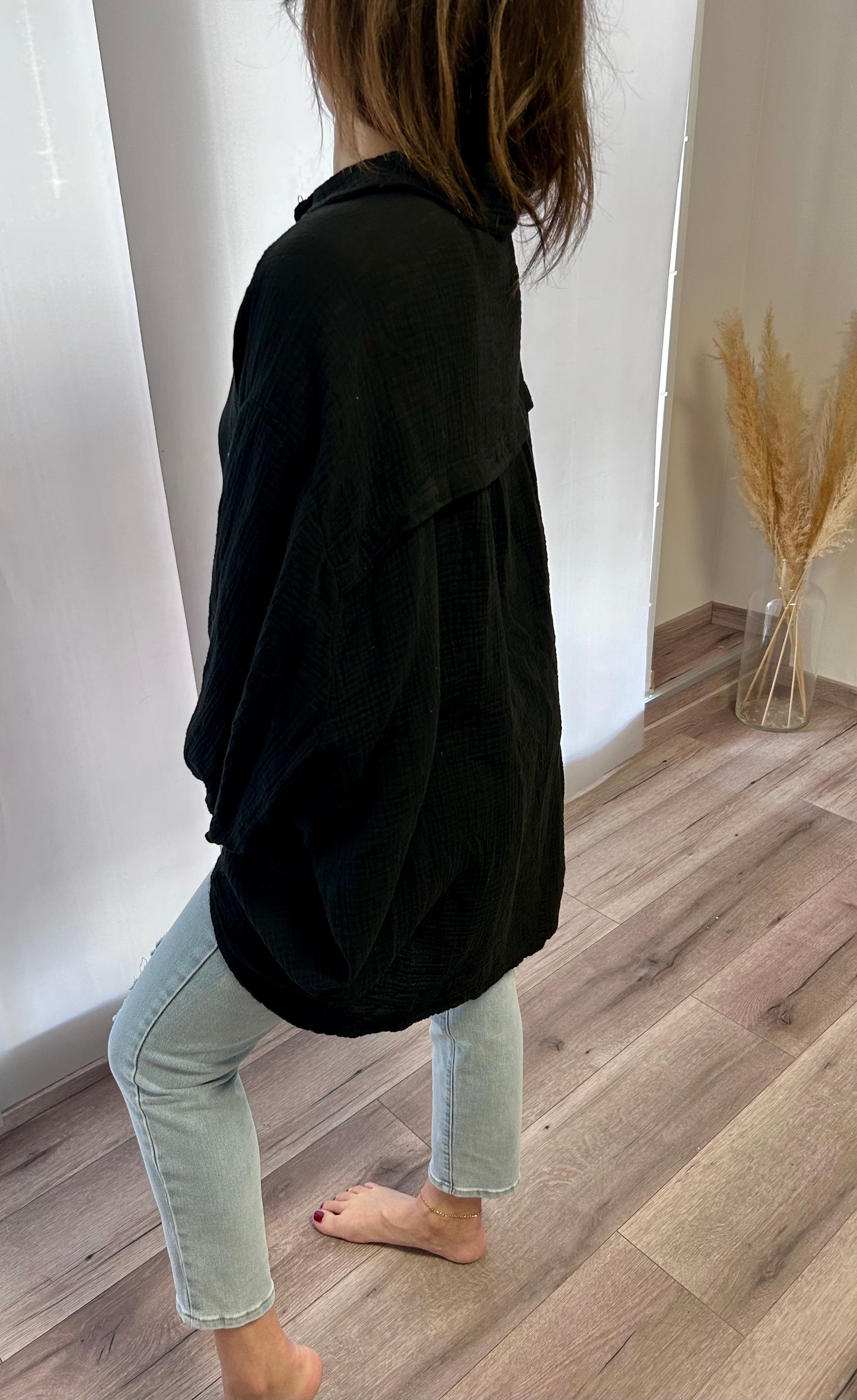 OVERSIZE BLUSENHEMD AUS MUSSELIN SCHWARZ